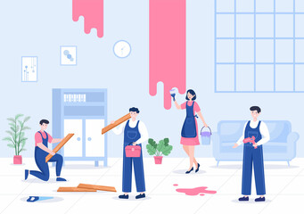 Home Renovation or Repair with Construction Tools, Laying Floor Tiles and Painting Wall to Good Decoration Condition in Flat Background Illustration