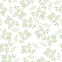 Seamless endless pattern of branches with small pale green leaves on a white background, painted in watercolor, isolated.