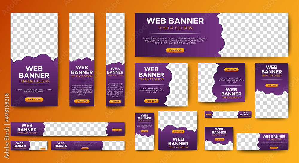 Aufkleber creative banners design web template set, horizontal header web banner. gradient purple and yellow. 