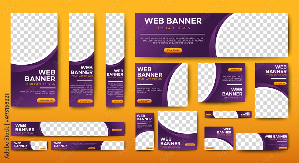 Poster creative banners design web template set, horizontal header web banner. gradient purple and yellow. 