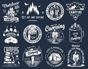 Camping outdoor travel adventure emblems, big camp set with campfire, hiking gear, wild eagle and forest - obrazy, fototapety, plakaty