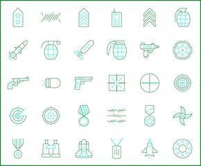 Set of weapon and Military icons line style. It contains such Icons as combat, gun, revolver, bullet, bomb, toxic, aim, knife, missile and other elements.