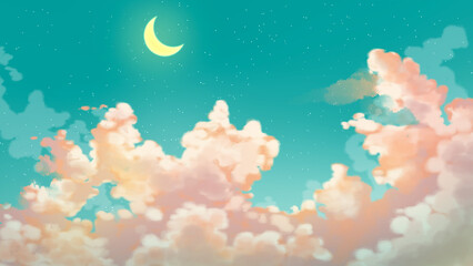 orange cloud night time with moon on blue green sky anime wallpaper