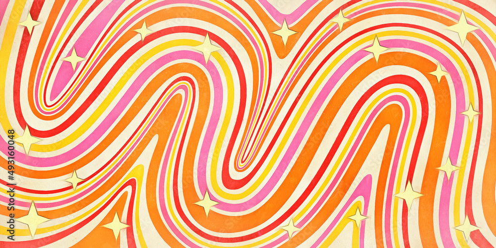 Poster a brightly colored pattern of swirly stripes with four pointed yellow stars in the foreground. digit