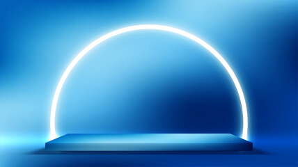 Empty square pedestal for product displays with neon lighting round shape on dye indigo background. Vector illustration.