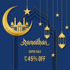 Ramadan sale poster promotion, Special offer up to 45% off with crescent moon, lantern, and landscape mosque. Islamic Background. Flat Illustration. Vector Illustration.