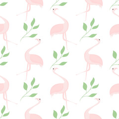 seamless pattern of flamingos and leaves on white background