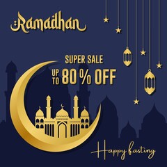 Ramadan sale poster promotion, Special offer up to 80% off with crescent moon, lantern, and landscape mosque. Islamic Background. Flat Illustration. Vector Illustration.