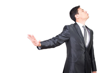 Angry man in suit showing rejecting gesture