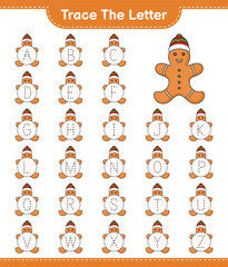 Trace the letter. Tracing letter alphabet with Gingerbread Man. Educational children game, printable worksheet, vector illustration