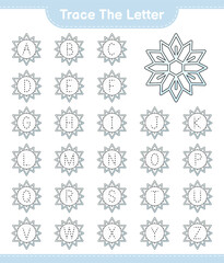 Trace the letter. Tracing letter alphabet with Snowflake. Educational children game, printable worksheet, vector illustration
