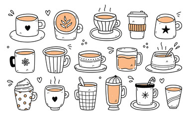 Set of different cute cups with coffee - americano, cappuccino, mocha, coffee to go. Vector hand-drawn illustration in doodle style. Perfect for cards, menu, logo, decorations, various designs.