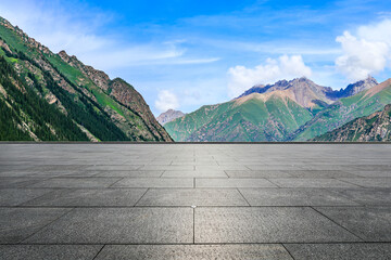 Empty square platform and green mountain with sky cloud landscape