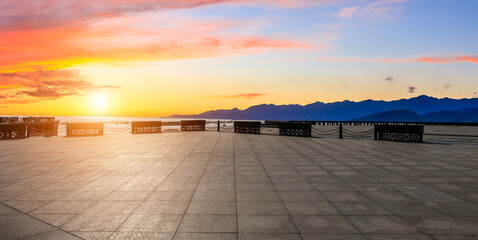 Empty square floor and mountain with sky cloud landscape at sunrise