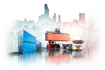 Logistics import export and International transportation of forklift handling container loading box to the freight cargo truck at containers yard storage on city white background with copy space