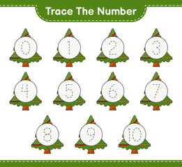 Trace the number. Tracing number with Christmas Tree. Educational children game, printable worksheet, vector illustration