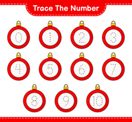 Fototapeta na wymiar Trace the number. Tracing number with Christmas Ball. Educational children game, printable worksheet, vector illustration