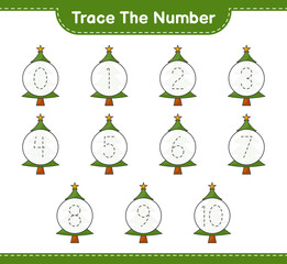 Trace the number. Tracing number with Christmas Tree. Educational children game, printable worksheet, vector illustration