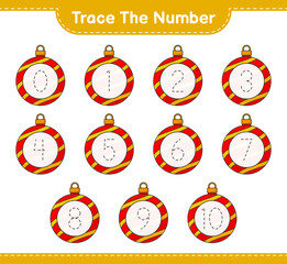 Plakat Trace the number. Tracing number with Christmas Ball. Educational children game, printable worksheet, vector illustration