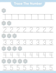 Trace the number. Tracing number with Snowflake. Educational children game, printable worksheet, vector illustration