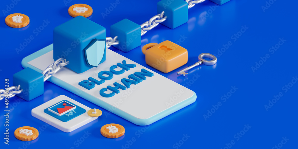 Aufkleber isometric 3d rendering concept blockchain technology with smartphone, nft, shield icon, lock and key
