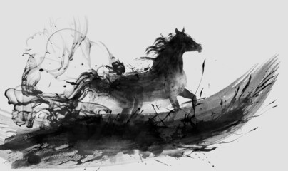 Freehand ink horse splash ink Abstract landscape painting - obrazy, fototapety, plakaty