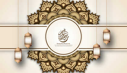 Islamic Arabic Mandala Background Soft Cream Color with Ornament and Frame Premium Vector