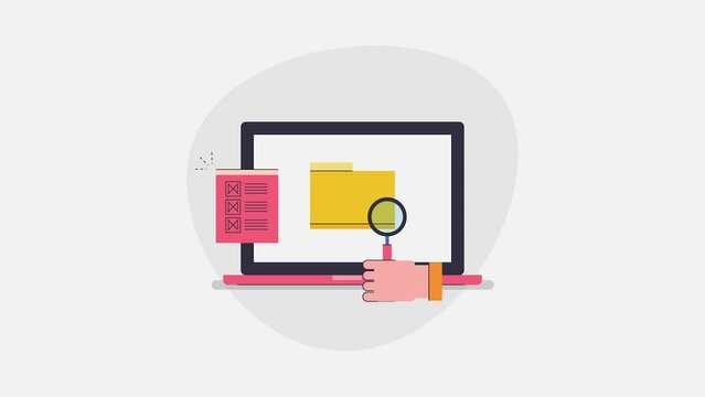 Searching personal document, folder on computer. Internet data browsing, scanning online database, scan inspection media file concept, cartoon style 2d animation.