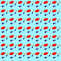 pattern with a graphic illustration of an eye, red lips and lipstick on a cian background