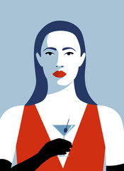 trendy modern poster graphic minimalist style. Portrait of a young girl in a red dress with black gloves in her hand a cocktail with an olive