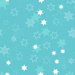 Star pattern on green. Sky or galaxy. For children's design, textiles and fabrics, random, repeat, tile, wallpaper. Seamless pattern, white color star. Night glowing lanterns. Vector illustration