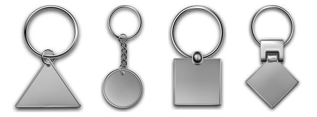 Holder trinket in other shapes isolated on white background. Realistic template metal keychain set. Trinket keyring, keyholder and breloque illustration.