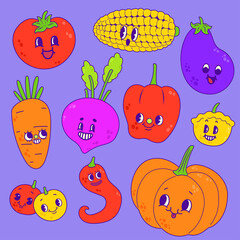 Hand drawn trendy cartoon veggies set, vector