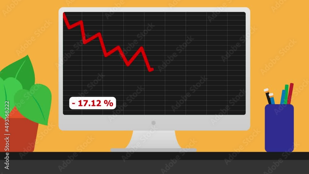Poster computer screen with graphic with the price going down. 2d animation.