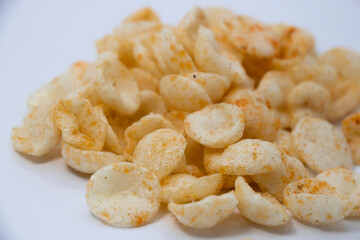 Isolated chips. Group of potato chips isolated on white background with clipping pat