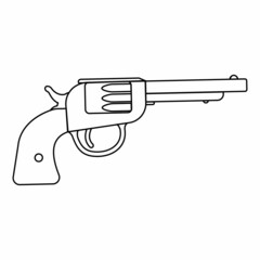 Revolver black outline isolated on white background, vector illustration doodle