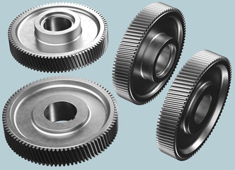 The design concept is a top view of a metal gear highlighted on an isolated background for the layout. 3d rendering of the mechanism.