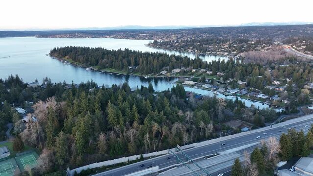Cinematic 4K aerial drone footage of Medina, Hunts Point, Yarrow Point, Clyde Hill, Aqua Vista, 520 freeway, Lake Washington mansions, luxury homes, villas