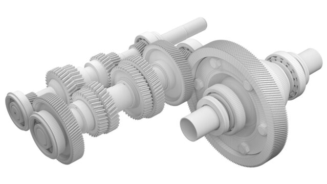 Automotive gearbox, 3d render. Gears in the mechanism, polygonal illustration.