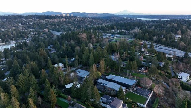Cinematic 4K aerial drone footage of the 520 Bridge View Park, Medina, Hunts Point, Yarrow Point, Clyde Hill with views of Bellevue, Lake Washington, Mt. Rainier