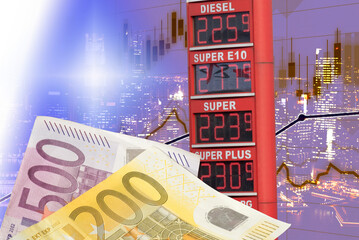 Euro Geldscheine, Börse und hohe Kraftstoffpreise in Deutschland - obrazy, fototapety, plakaty