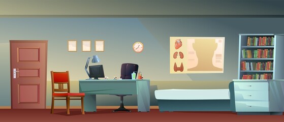 Doctor office in evening time. Work desk with armchair and PC computer. Couch and chair for patients. Medical poster and drugs. Soft light. Work in evenings. Cartoon funny style illustration. Vector