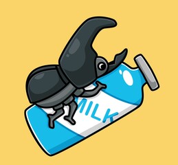 cute rhino beetle hugging a milk. cartoon animal food concept Isolated illustration. Flat Style suitable for Sticker Icon Design Premium Logo vector. Mascot Character