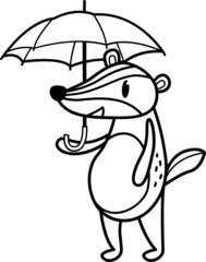 Badger with umbrella cartoon drawing for coloring book