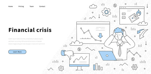 Financial crisis banner. Concept of economic decrease, bankruptcy, finance decline. Vector landing page with doodle illustration with sad man with laptop, down graph and charts on screens