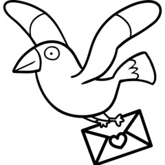 Bird with love letter cartoon drawing for coloring book