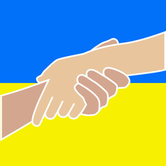 Handshake Ukraine and Russia on background of flag. No More War. Negotiations, agreements peace