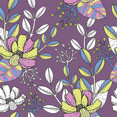 Vector modern art florals seamless pattern with purple background