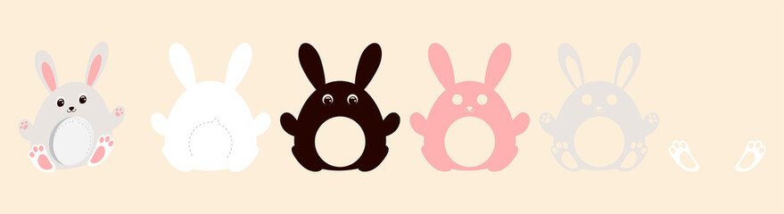 Cute bunny candy ornament. Layered paper decoration treat holder for dome. Hanger for sweets, candies for birthday, baby shower, Easter, Christmas. Print, cut out, glue. Vector stock illustration