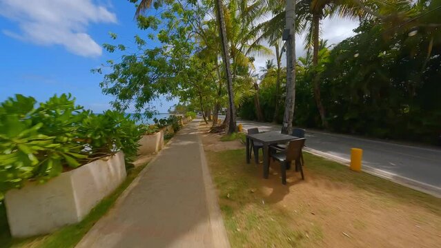 Scenic coastal walkway along Playa Punta Popy, Caribbean; FPV drone view